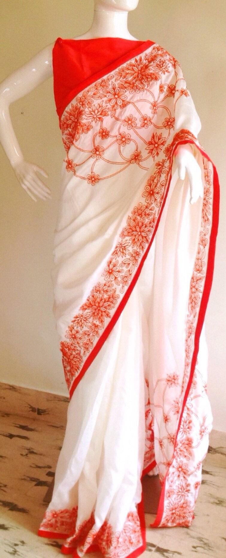 Half White Semi Raw Silk Saree with Hand Embroidered Floral Borders