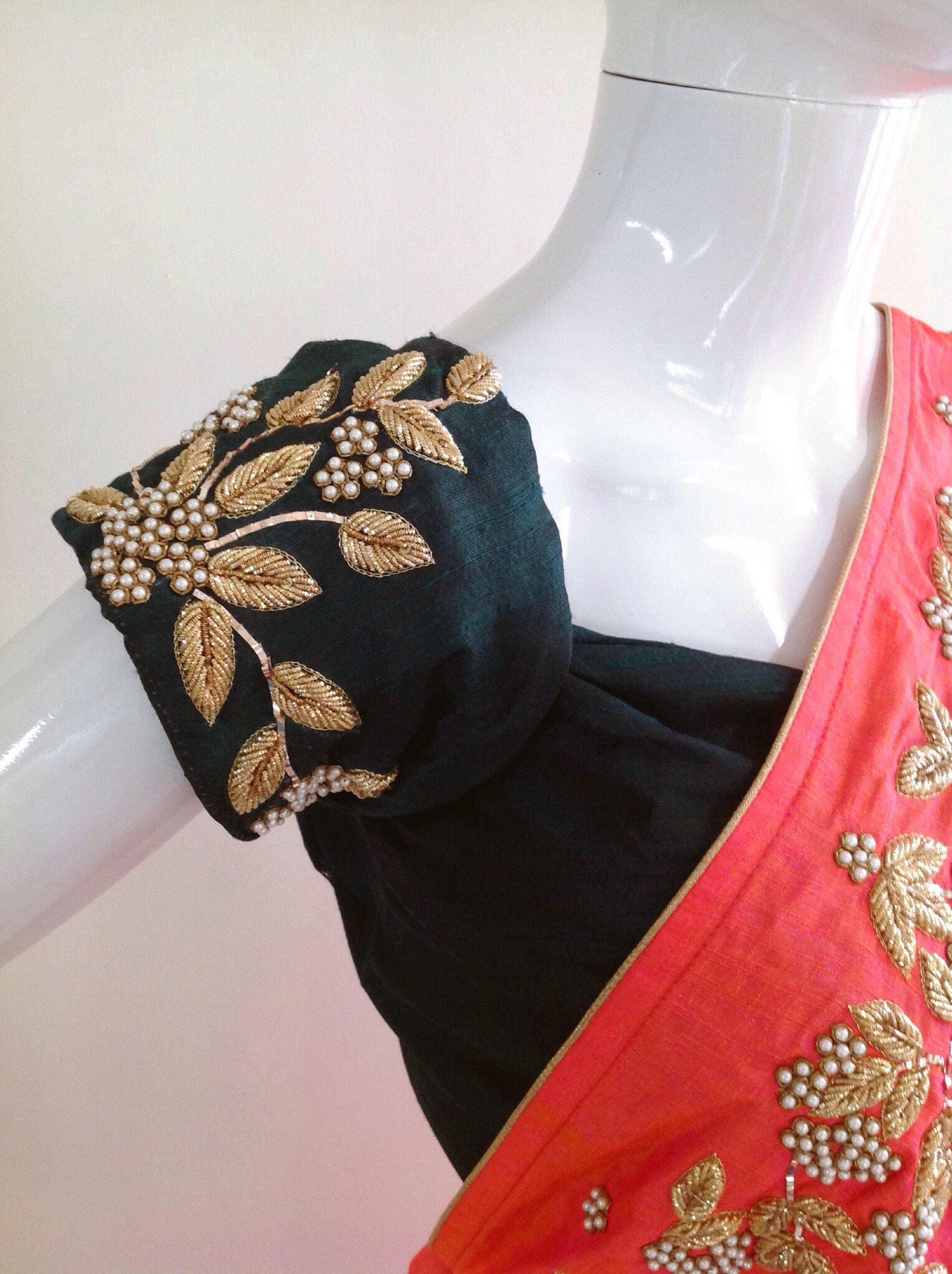 Pink Mukaish Hand Embroidered Semi Raw Silk Saree with Dark Green Blouse