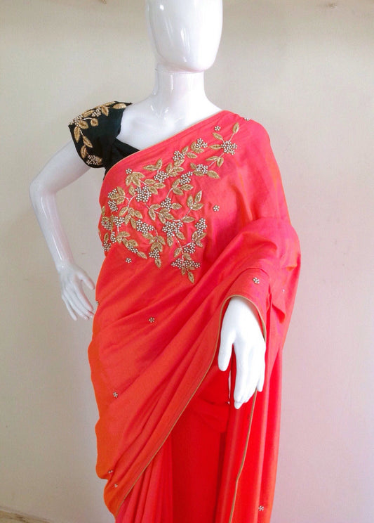 Pink Mukaish Hand Embroidered Semi Raw Silk Saree with Dark Green Blouse