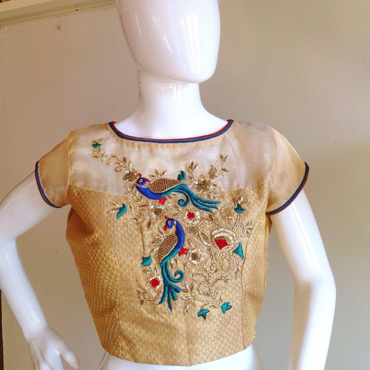 Custom fit gold crop top with peacock zardosi embroidery