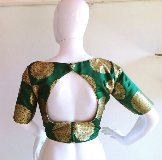 Green Brocade Blouse | Custom Fit Cut-Out Back Design