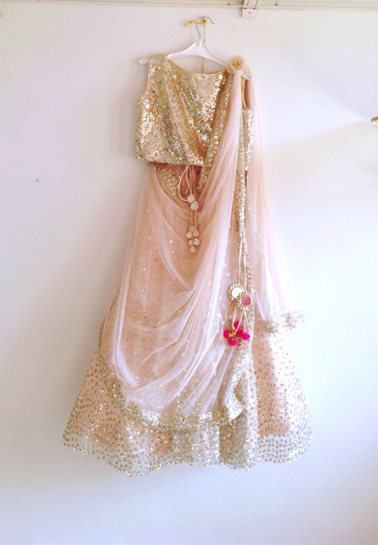 Blush Pink Sequin Lehenga with Gold Sequin Blouse | Designer Indian Wedding Lehanga | Custom Stitched Lengha Choli