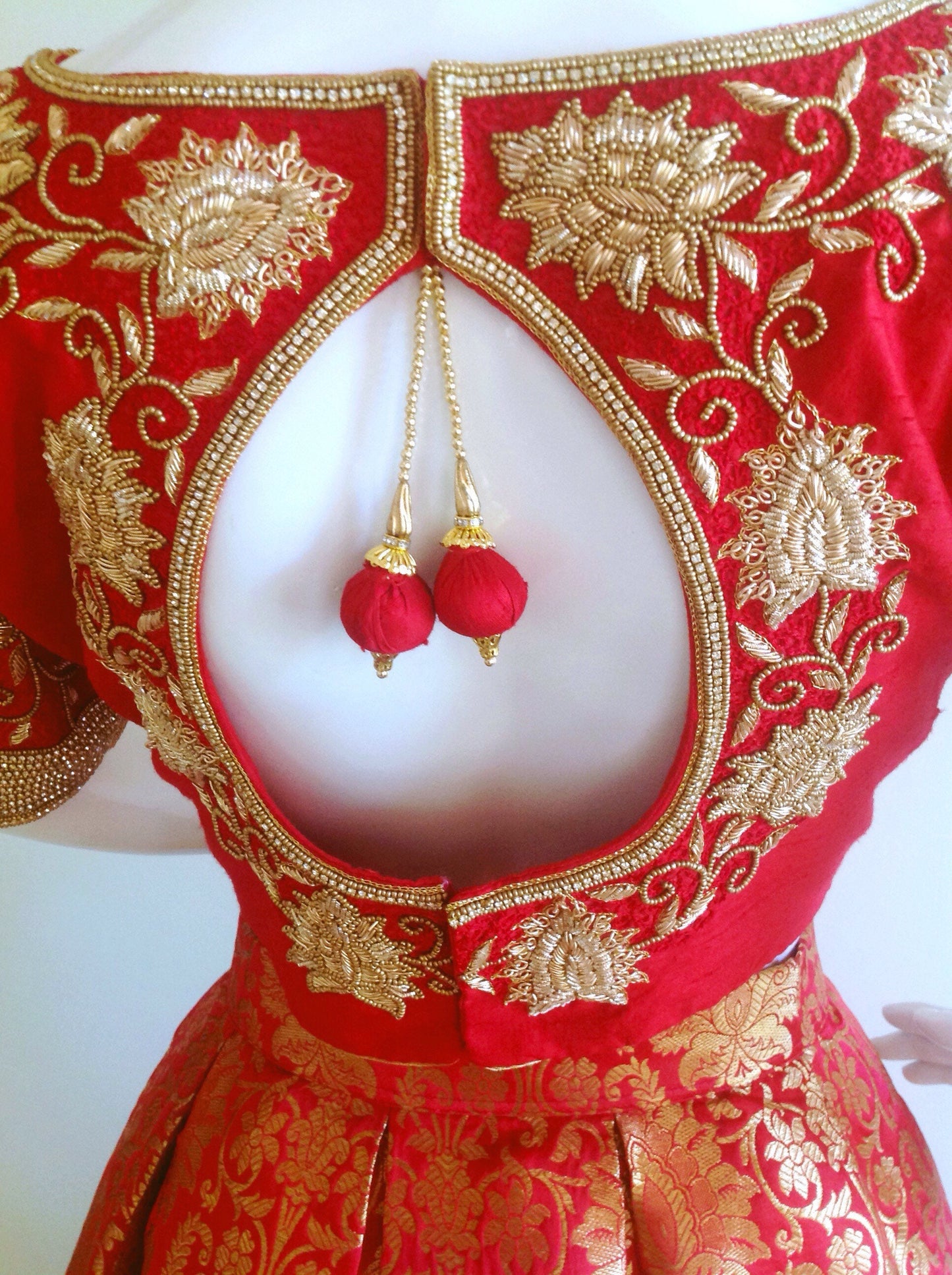 Brocade skirt and hand embroidered Raw silk crop top in custom colors