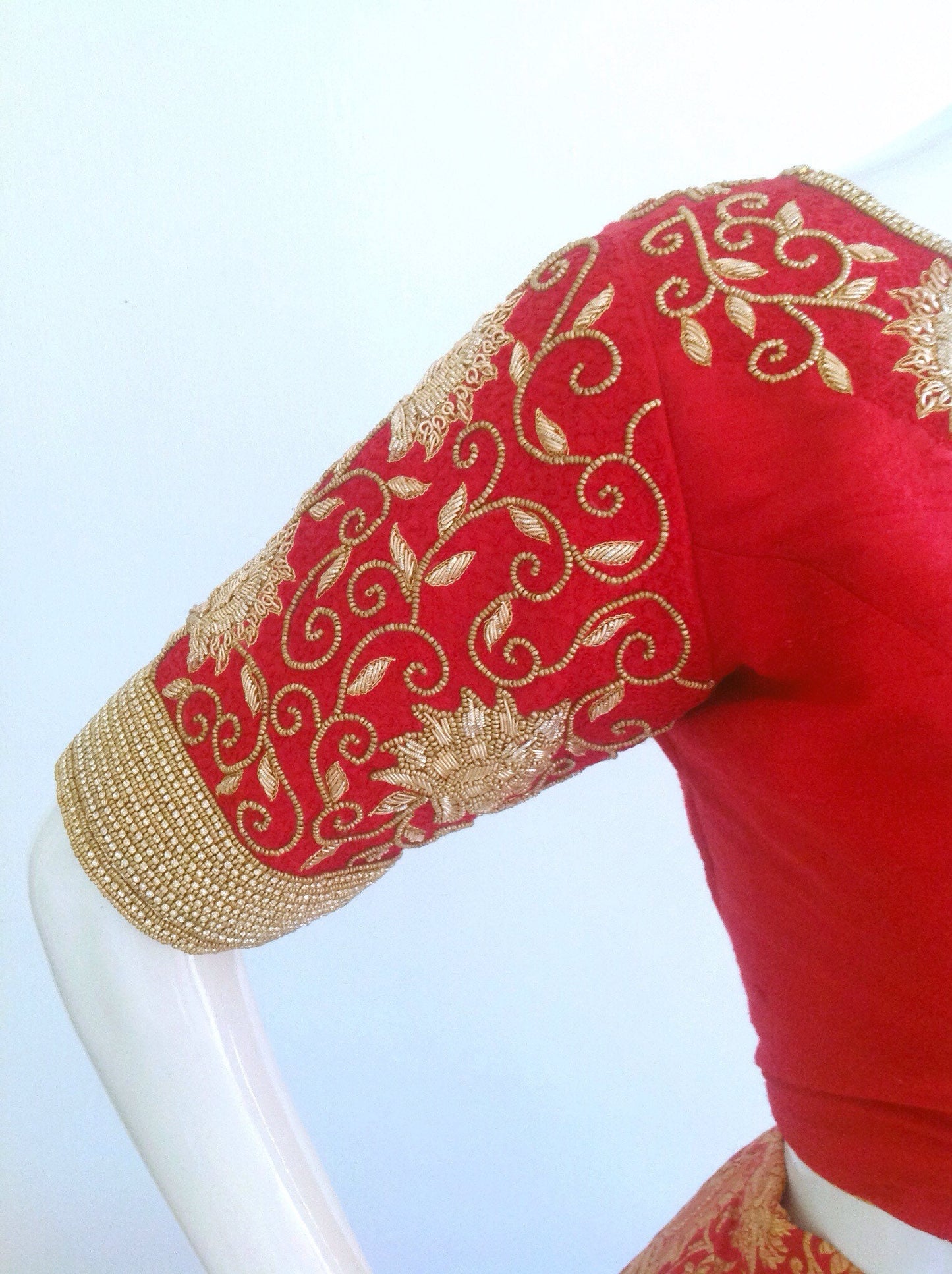 Brocade skirt and hand embroidered Raw silk crop top in custom colors