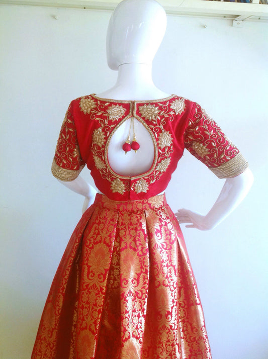Brocade skirt and hand embroidered Raw silk crop top in custom colors