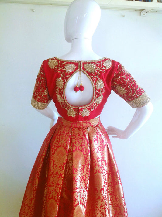 Custom Brocade Skirt & Hand-Embroidered Raw Silk Crop Top - Made to Order Formal Wear