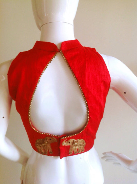 Custom fit red pure raw silk halter neck high collar blouse with elephant embroidery at the back.