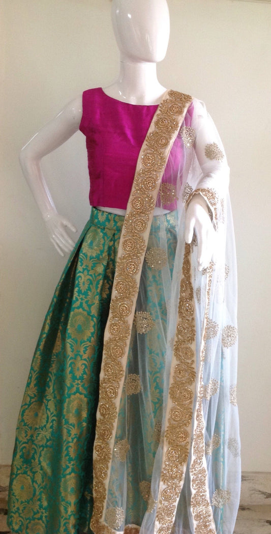 Brocade skirt and Raw silk crop top with dupatta