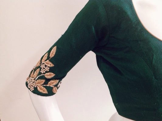 Custom fit deep green pure raw silk blouse with floral embroidery sleeves