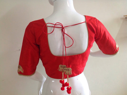 Red pure raw silk blouse with elephant embroidered sleeves