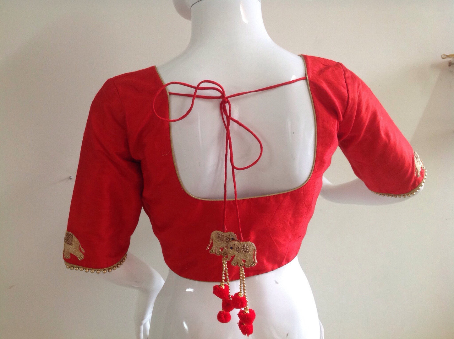 Red Raw Silk Blouse with Elephant Embroidery - Custom Fit & Color - Indian Wedding Blouse - Saree Blouse - Crop Top