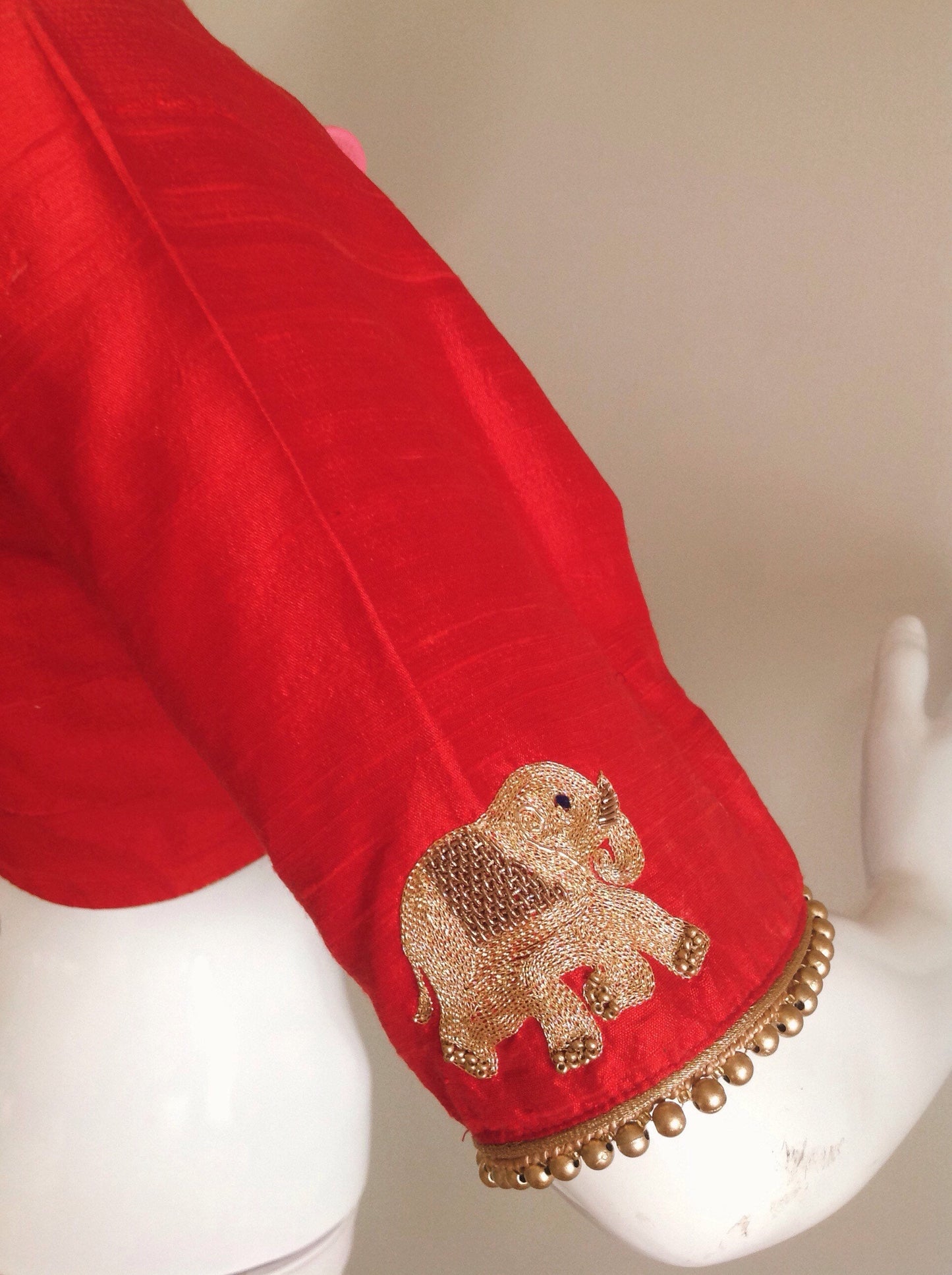 Red pure raw silk blouse with elephant embroidered sleeves