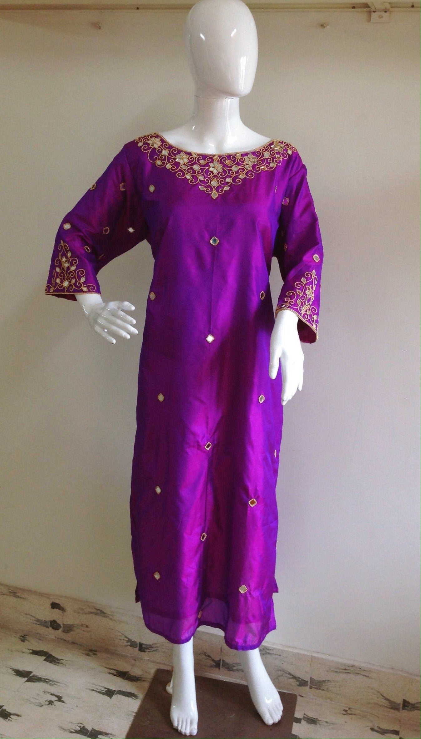 Pure silk kurta with mirror hand embroidery and matching straight pants