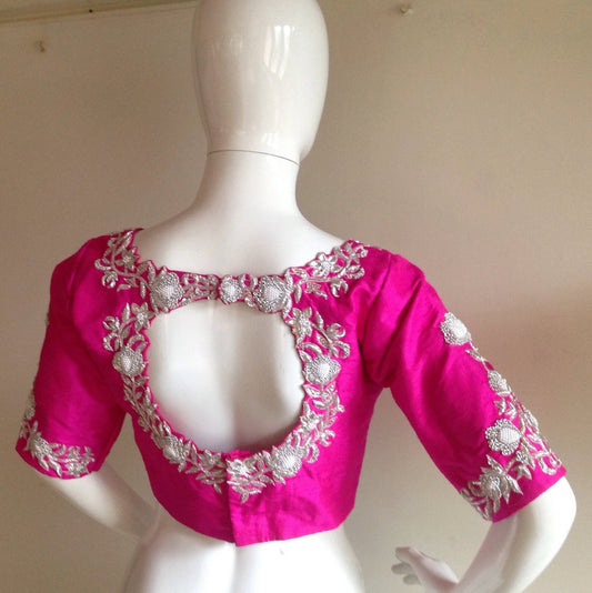 Hot pink pure raw silk blouse with silver zardosi embroidery