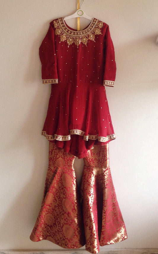 Custom Brocade Sharara & Hand-Embroidered Chiffon Peplum Top - Made to Order Desi Outfit