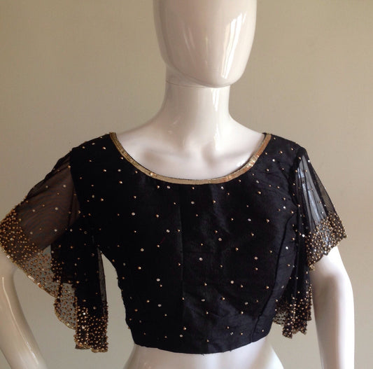 Black raw silk blouse with  bead work and net flutter sleeves