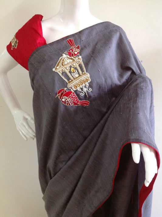 Charcoal Grey Semi Silk Saree with Bird Embroidery & Red Raw Silk Blouse