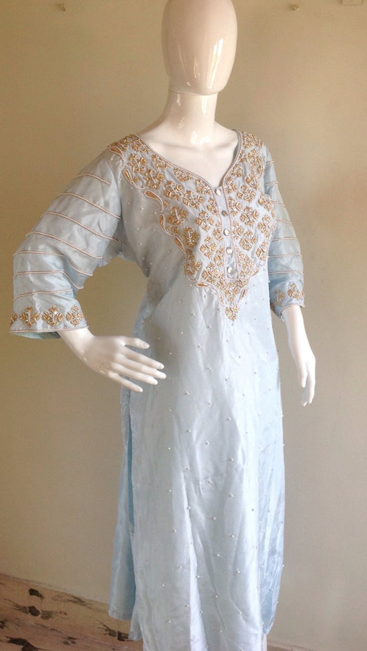 Pale Blue Pure Silk Kurta Set with Pearl & Zardosi Hand Embroidery | Elegant Indian Ethnic Wear | Custom Size Available