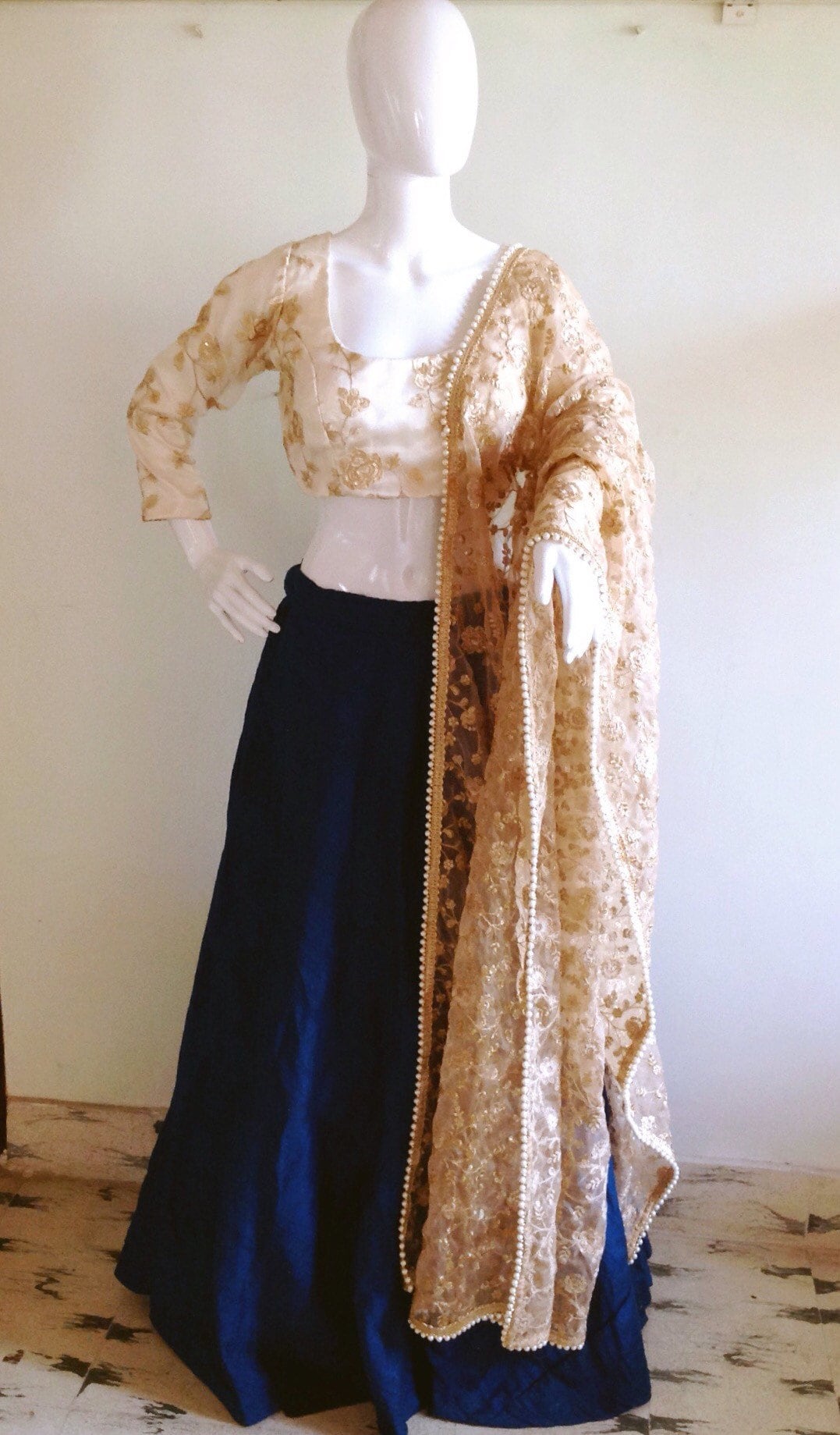 Custom White Organza Blouse and Raw Silk Skirt Set with Pockets | Thread Embroidery & Pearl Dupatta | Made to Order Bridal and Occasion Wear