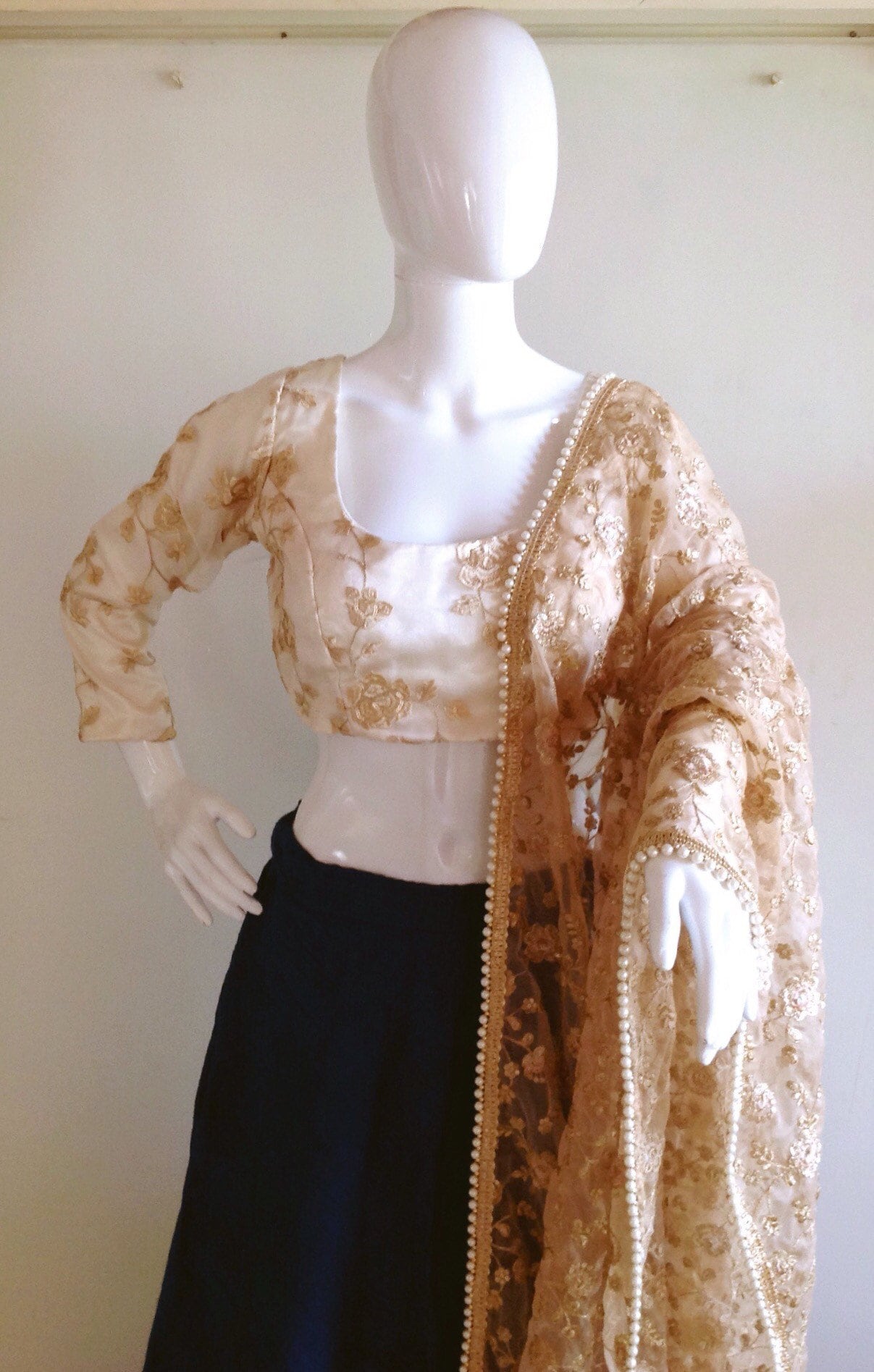 Custom White Organza Blouse and Raw Silk Skirt Set with Pockets | Thread Embroidery & Pearl Dupatta | Made to Order Bridal and Occasion Wear