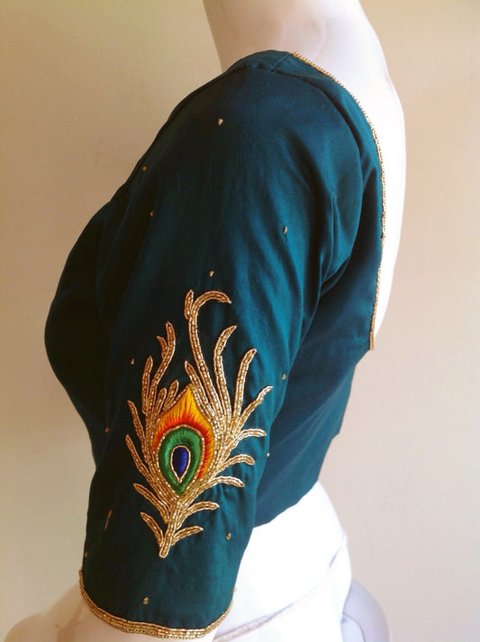 Hand-Embroidered Teal Silk Blouse with Zardosi Peacock Feathers - Custom Sizing Available