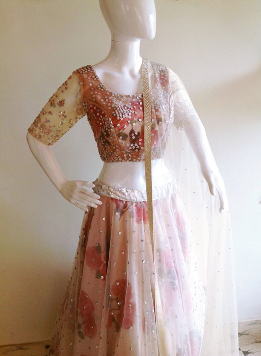 Ivory and silver Sequin floral lehenga and floral sequin skirt
