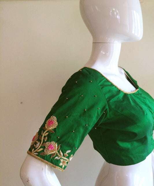 Emerald green  pure silk blouse with floral embroidery  on sleeves