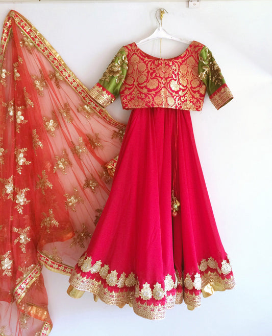 Red Olive green and Rust brocade and grorgette lehenga