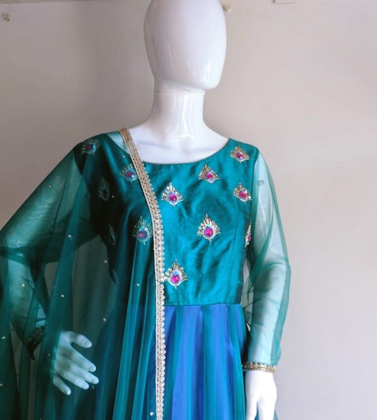 Peacock Green Blue Anarkali Suit - Hand Embroidered Raw Silk & Net Gown