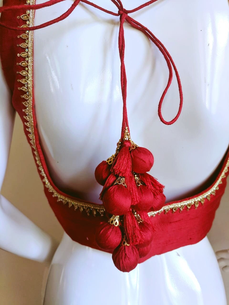 Custom fit red pure raw silk blouse hand embroidered neckline
