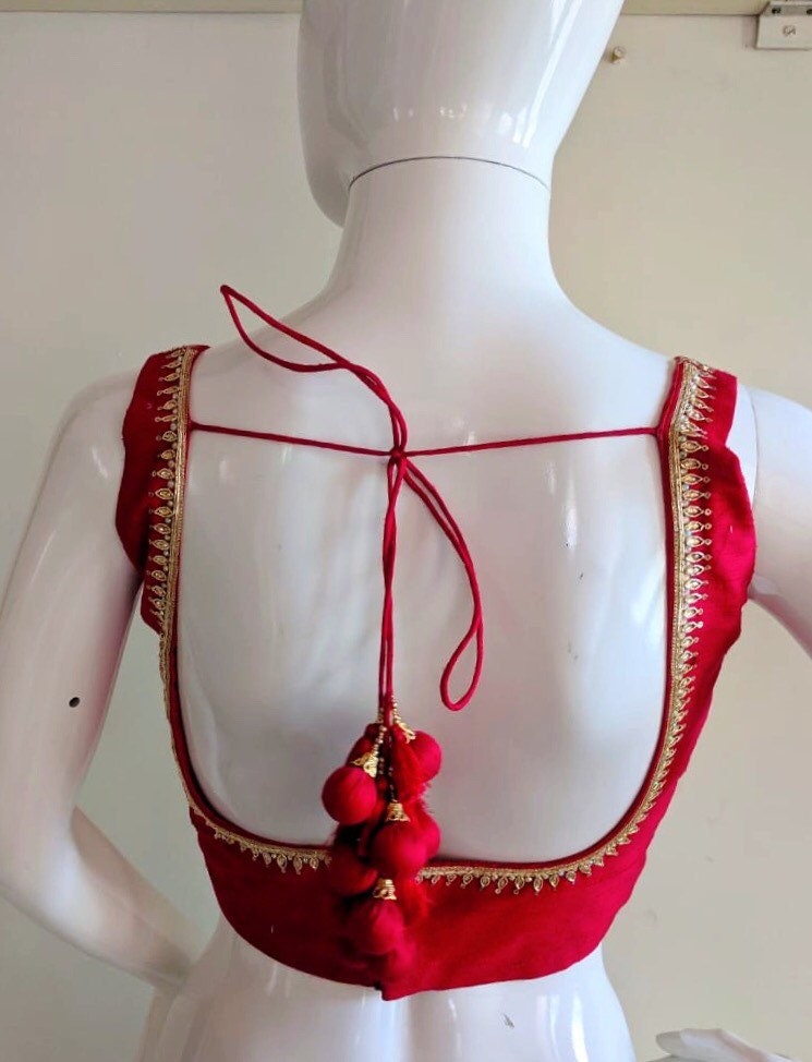 Custom fit red pure raw silk blouse hand embroidered neckline