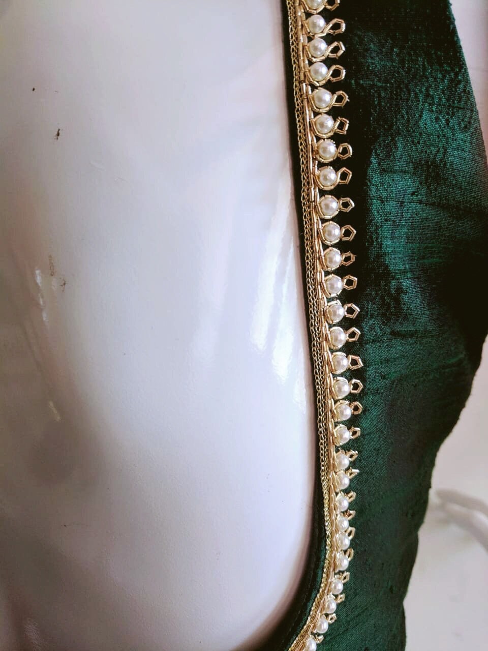 Custom Green Pure Silk Blouse with Hand-Embroidered Neckline