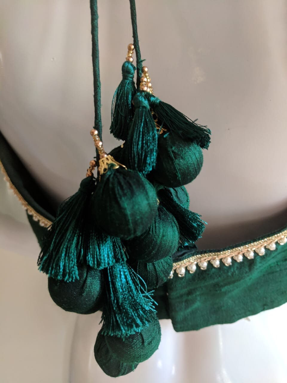 Custom Green Pure Silk Blouse with Hand-Embroidered Neckline