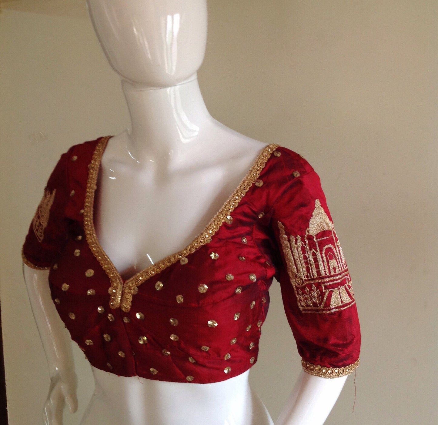 Custom fit maroon pure raw silk blouse with  Tajmahal embroidery