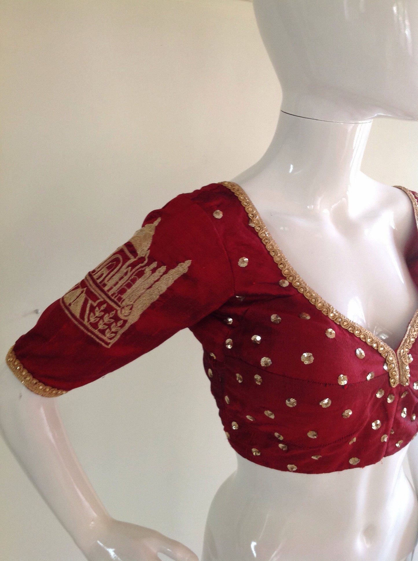 Custom fit maroon pure raw silk blouse with  Tajmahal embroidery