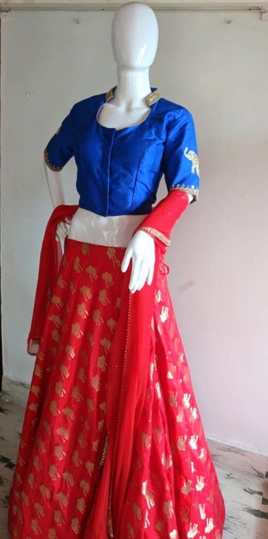 Royal Blue Raw Silk Blouse & Orange Elephant Brocade Skirt Set | Designer Indian Ethnic Wear