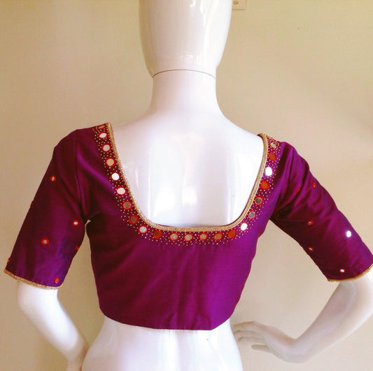 Custom fit purple pure raw silk blouse with  simple but beautiful mirror work