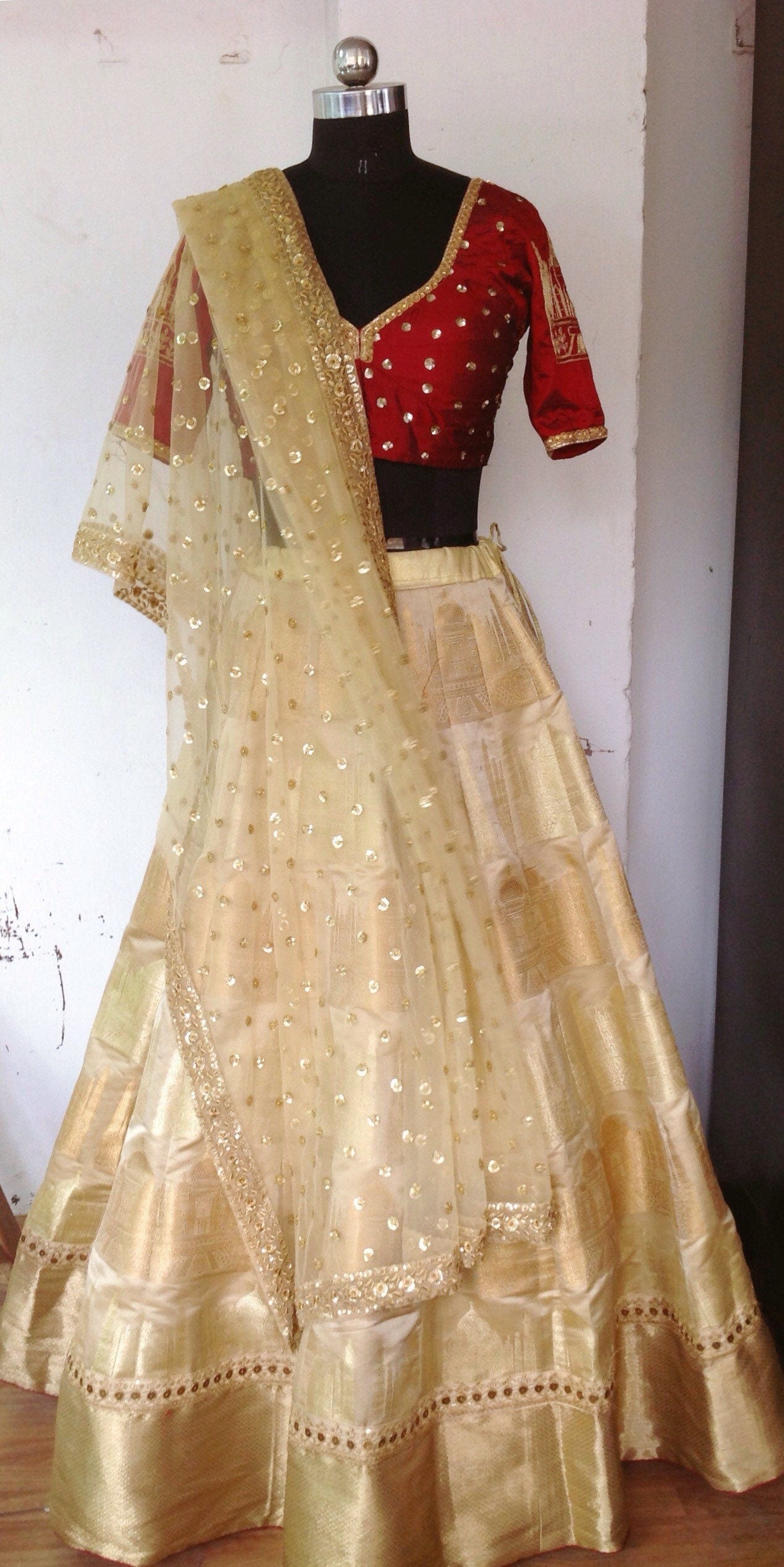 Custom Taj Mahal Brocade Lehenga with Hand-Embroidered Blouse