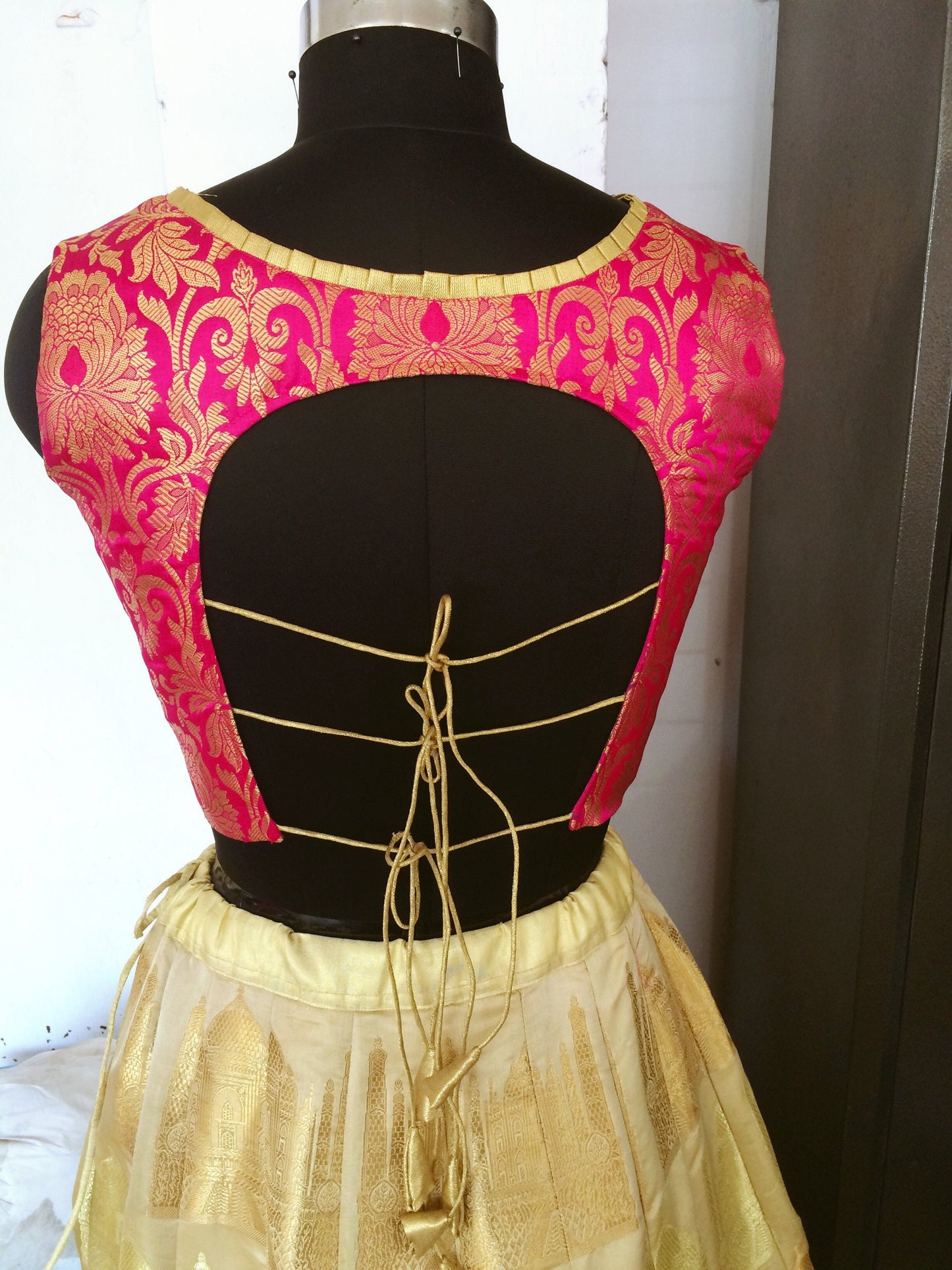 Custom Made Pink Brocade Blouse | Backless Designer Saree Blouse