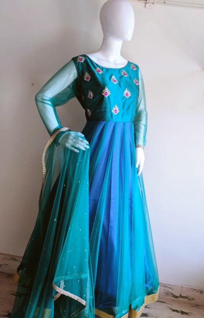 Peacock Green Blue Anarkali Suit - Hand Embroidered Raw Silk & Net Gown