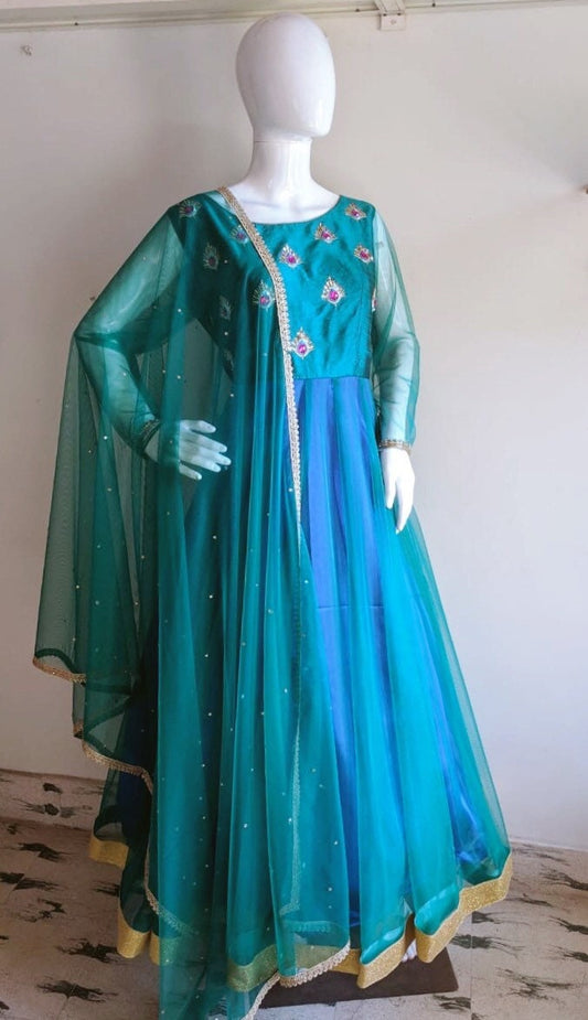 Peacock blue green anarkali with hand embroidery