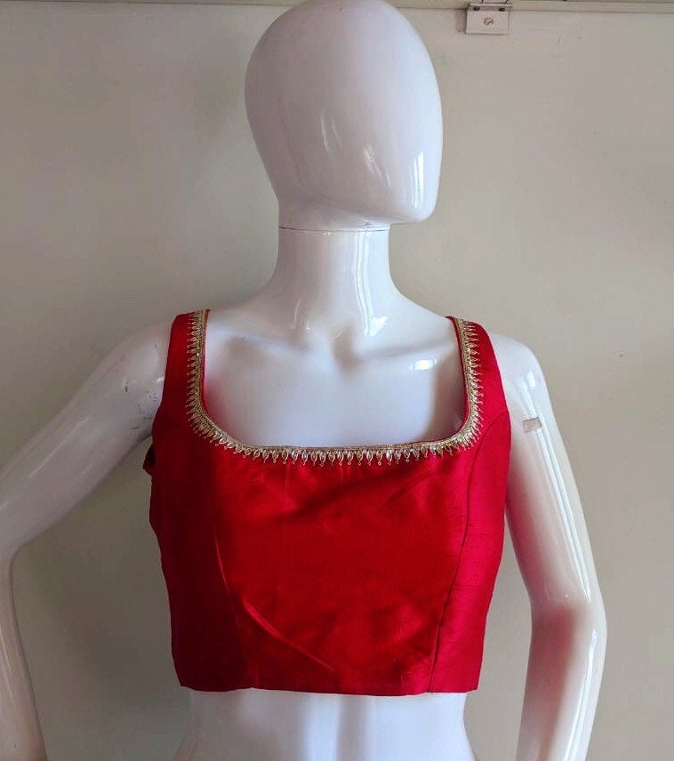 Custom fit red pure raw silk blouse hand embroidered neckline