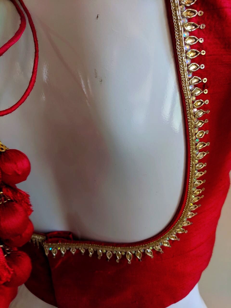 Custom fit red pure raw silk blouse hand embroidered neckline