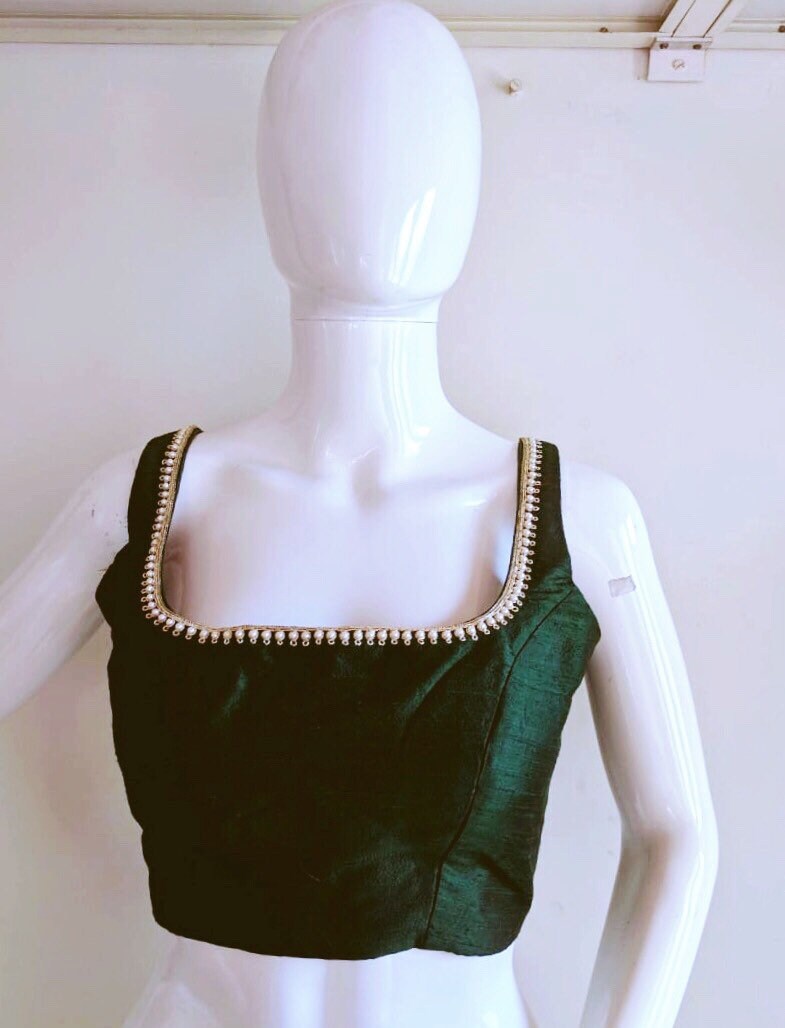 Custom Green Pure Silk Blouse with Hand-Embroidered Neckline
