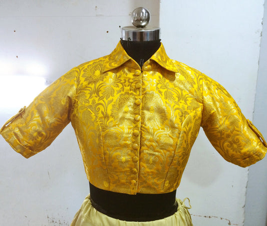 Yellow Brocade Saree Blouse with Shirt Collar
