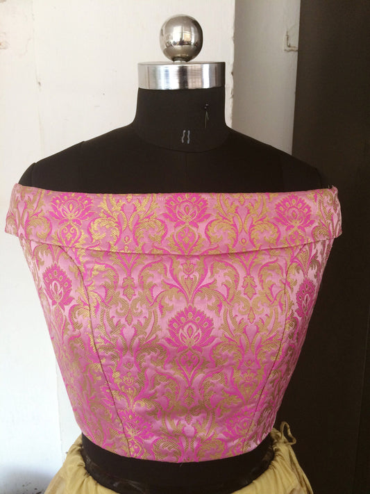 Custom made off shoulder brocade blouse available in custom colors