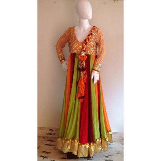 Multihued cotton georgtte anarkali with braided dupatta and tassels