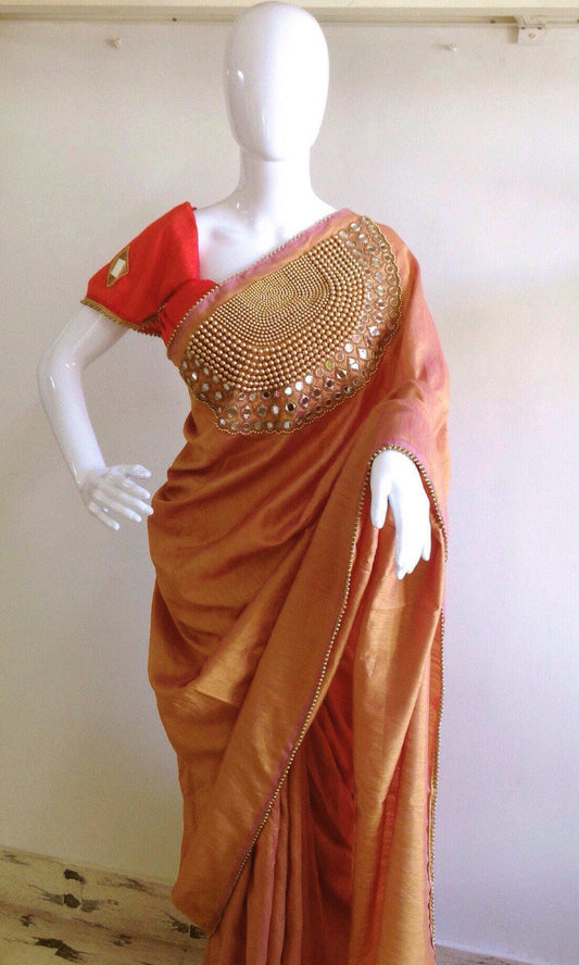Custom Color Semi Raw Silk Saree - Mirror & Bead Work Saree - Elegant Indian Wedding Saree - Unstitched Blouse