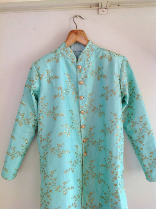 Aqua blue Silk floral embroidered sherwani