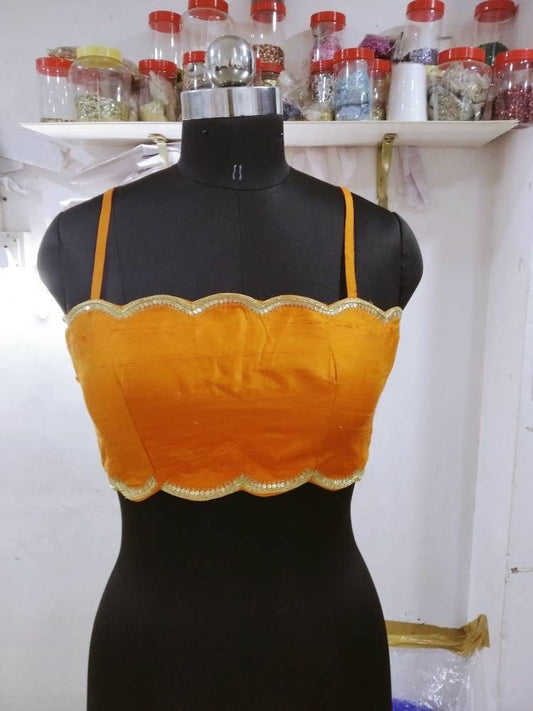 Scalloped rawsilk blouse crop top available in custom colors